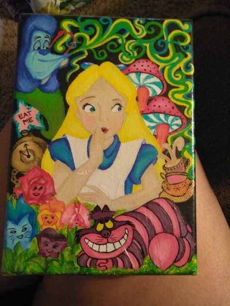 Painting Ideas Alice In Wonderland, Alice In Wonderland Painting, Wonderland Painting, Alice In Wonderland Paintings, Disney Canvas Paintings, Alice Art, Alice In Wonderland Drawings, Easy Painting Ideas On Canvas, Disney Paintings