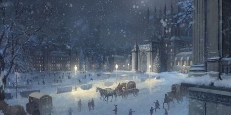 Gothic City, Snowy City, City Artwork, Vanishing Point, City Painting, Fantasy City, Gothic Architecture, Natural Phenomena, Environment Concept Art