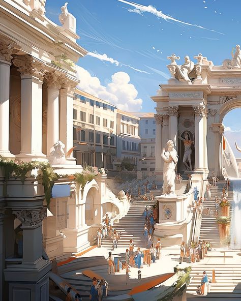 Fantasy Marble City, Greek Architecture Fantasy Art, White City Fantasy Art, Greek City Fantasy Art, Greek Palace Concept Art, Ancient Greek City Fantasy Art, Greek City Concept Art, Ancient Greek Fantasy Art, Greek City Art