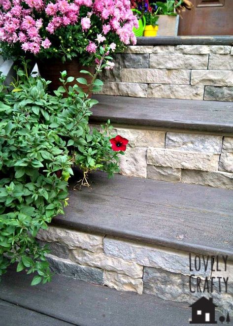 DIY Airstone Porch Stairscountryliving Concrete Stairs Outdoor, Stairs Outdoor, Stairs Diy, Porch Stairs, Front Porch Steps, Front Door Steps, Front Stairs, Front Porch Makeover, Brick Steps