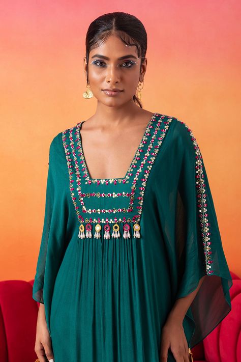 Buy Green Chiffon Hand Embroidered Resham Thread Square Neck Kaftan For Women by Seema Thukral Online at Aza Fashions. Seema Thukral, Green Kaftan, Kaftan For Women, Trendy Outfits Indian, Happy Dresses, Heavy Dresses, Designer Kurti Patterns, Kurti Patterns, Long Kurti Designs