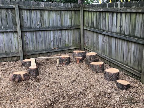 Tree Stump Ideas Outdoor Kids, Natural Playground Tree Stumps, Homestead Playground, Mulch Play Area For Kids, Tree Stump Playground, Stump Playground, Playset Landscaping, Church Playground, Backyard Play Spaces