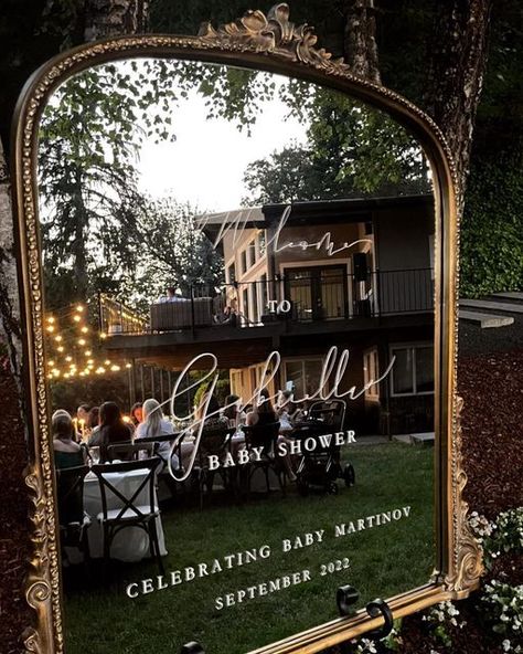 Mirror Welcome Baby Shower Sign, Gold Mirror Baby Shower, Baby Shower Welcome Sign Mirror, Mirror Baby Shower Sign, Fall Baby Shower Welcome Sign, Gift Opening Chair Shower Ideas, Baby Shower Venue Decor, Baby Shower Sign Mirror, Baby Shower Mirror Sign