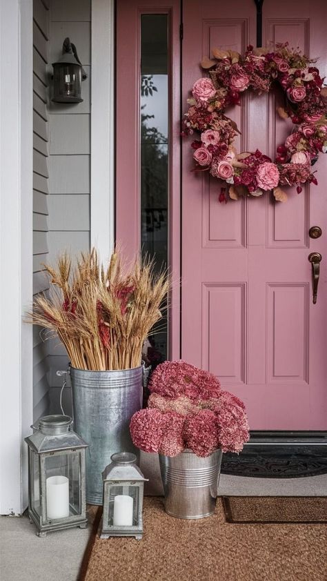 Pink Porch Ideas, Pink And Orange Fall Decor, Modern Fall Porch Decor, Front Porch Decor On A Budget, Elegant Front Porch, Front Porch Fall Decor Ideas, Small Porch Decor, Fall Porch Decorating Ideas, Orange Fall Decor