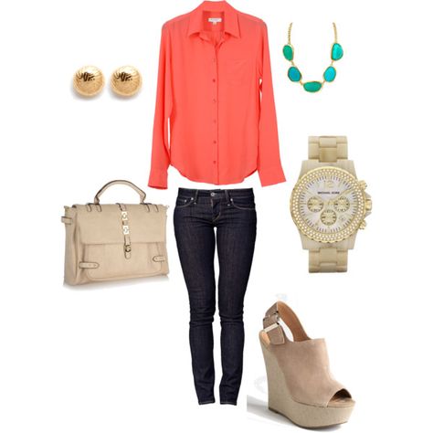 Blouse, created by jesse-cunilio on Polyvore Coral Button Up Shirt Outfit, Coral Blouse Outfit, Peach Shirt Outfit For Women, Coral Shirt Outfit, Coral Top Outfit, Peach Shirt Outfit, Shirt Dress Outfit Summer, Dark Jeans Outfit, Coral Jeans