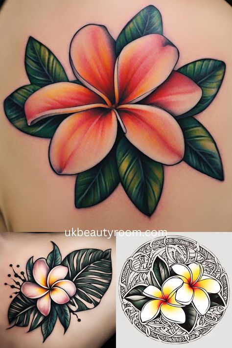 77 Beautiful Flower Tattoo Ideas and their Symbolism Woman Side Arm Tattoo, Hawian Flowers Tattoo Design, Hawaii Simple Tattoo, Plumeria Flower Tattoos Hawaii, Small Plumeria Flower Tattoos, Hawaiian Shoulder Tattoo For Women, Hawaiian Floral Tattoos, Plumeria Tattoo Color, Tropical Flower Tattoos For Women