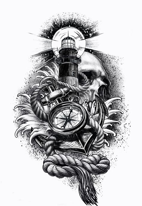 Pirate Tattoo Sleeve, Sextant Tattoo, Pirate Ship Tattoos, Nautical Tattoo Sleeve, Tattoo Artist Tattoo, Pirate Tattoo, Lighthouse Tattoo, Compass Tattoo Design, Clock Tattoo Design