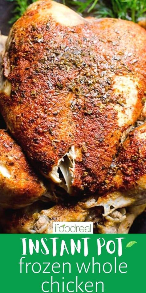 Did you know you can cook a whole frozen chicken in the Instant Pot? With only 5 minutes of prep, make this rotisserie style whole chicken in your pressure cooker. It comes out super juicy! Frozen Whole Chicken, Chicken From Frozen, Instant Pot Whole Chicken, Chicken In The Instant Pot, Cooking Frozen Chicken Breast, Whole Chicken Recipe, Recipes Instapot, Cooking Frozen Chicken, Spatchcock Chicken