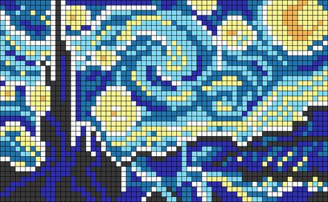 Famous Painting Cross Stitch Pattern, Famous Paintings Cross Stitch Patterns, Stary Night Crochet, Pixel Starry Night, Starry Night Pixel Art Grid, Pixel Art Of Famous Paintings, Famous Art Pixelated, Famous Painting Perler Beads, Famous Art Cross Stitch