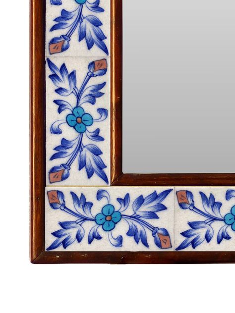 Tile Frame, Wall Hanging Ceramic, Tile Mirror, Ikea Mirror, Mexican Tiles, Blue And White Design, India Home Decor, Decorative Wall Hanging, Handmade Mirrors