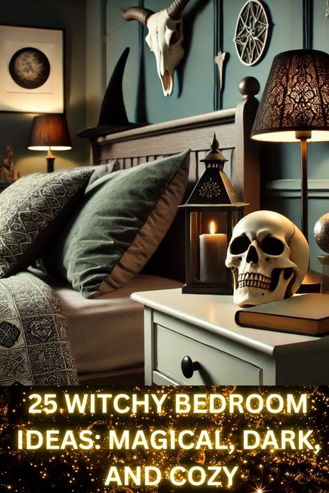 25 Witchy Bedroom Ideas: Magical, Dark, and Cozy Witches Bedroom Aesthetic, Witchy Color Palette Bedroom, Witches House Interior, Bedroom Style Ideas Cozy, Bedroom Witch Aesthetic, Moody Library Bedroom, Dark Celestial Bedroom, Dark Aesthetic Bedroom Ideas Cozy, Scary Bedroom Aesthetic