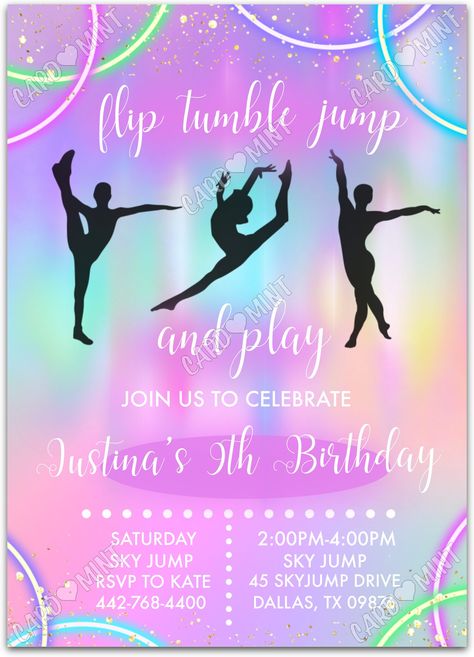 Quickly personalize. Includes matching thank you card.   Host a successful birthday party starting with this gymnasts pink/blue invite!   You can edit this product yourself, during and/or after purchase. Print or send as an Evite.  Image watermarks will be removed after purchase.  The dimensions are 5"x7". Gymnastics Printables Free, Gymnastic Birthday Card, Gymnastics Birthday Invitations Free, Gymnastics Party Ideas, Gymnastics Theme Birthday Party, Gymnastics Party Invitations, Jump Birthday Party, Gymnastic Birthday, Gymnastics Birthday Invitations