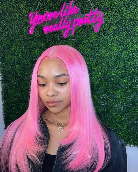 Pink Wig Install Styles, Pink Wig With Layers, Middle Part Pink Wig, Pink Wig Styles For Black Women, Pink Layered Hair, Pink Bob Wig, Dolly Hair, Convention Cosplay, Pink Hairstyles