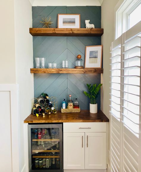 Wine Corner Kitchen, Built In Coffee Station Nook, Floating Shelves Home Bar, Townhouse Bar Ideas, Min Bar Ideas, Small Built In Bar In Living Room, Built In Bar Nook Wall Shelves, Coffee Corner In Living Room Bar Ideas, Diy Bar Area In Kitchen