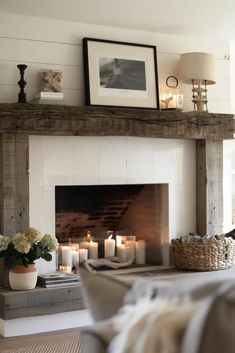 Farmhouse Rustic Fireplace Decor, Rustic Meets Modern, Pottery Barn Living Room, Farmhouse Living Room Ideas, Rustic Fireplace, Faux Fireplace Diy, Den Ideas, Rustic House Plans, Living Tv