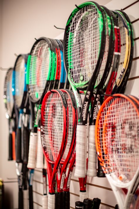 racquets Badminton Shop, Tennis Aesthetic, Tennis Center, Pickleball Court, Retail Shelving, Tennis Club, Racquets, Tennis Clubs, Inspiration Board