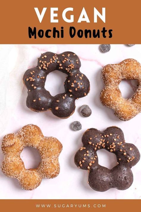 vegan mochi donuts with chocolate glaze Vegan Mochi Donut, Donuts Business, Vegan Mochi, Mochi Donuts Recipe, Mochi Donut, Vegan Doughnuts, Easy Donut Recipe, Royal School, Vegetarian Sweets