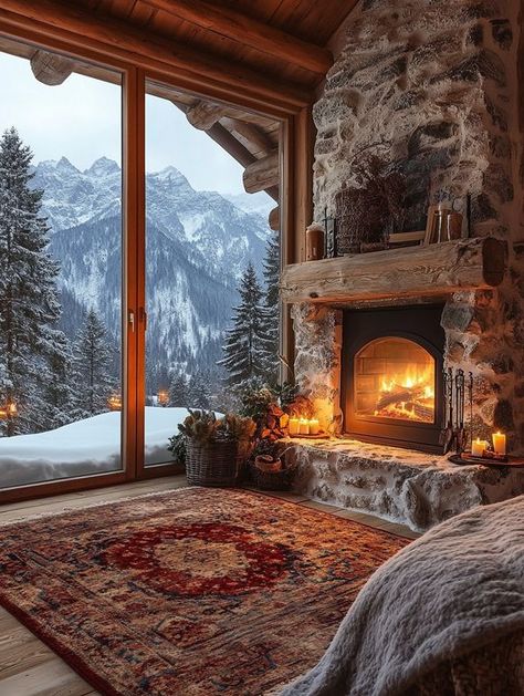 Mountain View From Window, Mountain Lodge Bedroom, Mountain Cabin Interiors, Old Stone Fireplace, Dream Room Ideas, Cabin Snow, Lodge Bedroom, Modern Cabins, Farm Homes