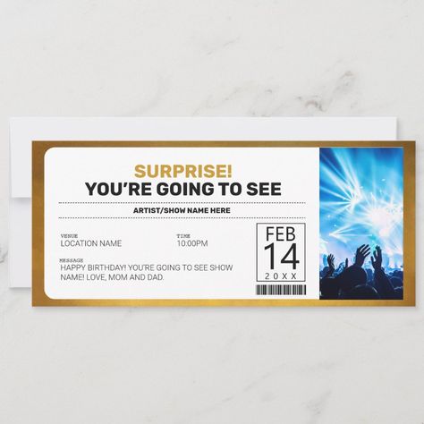 Surprise Concert Gold Gift Ticket Voucher Invitation  Zazzle Concert Gift Ideas, Xmas Card Messages, Free Printable Gift Certificates, Ticket Party Invitations, Concert Ticket Gift, Concert Gift, Pink Concert, Printable Gift Certificate, Voucher Design