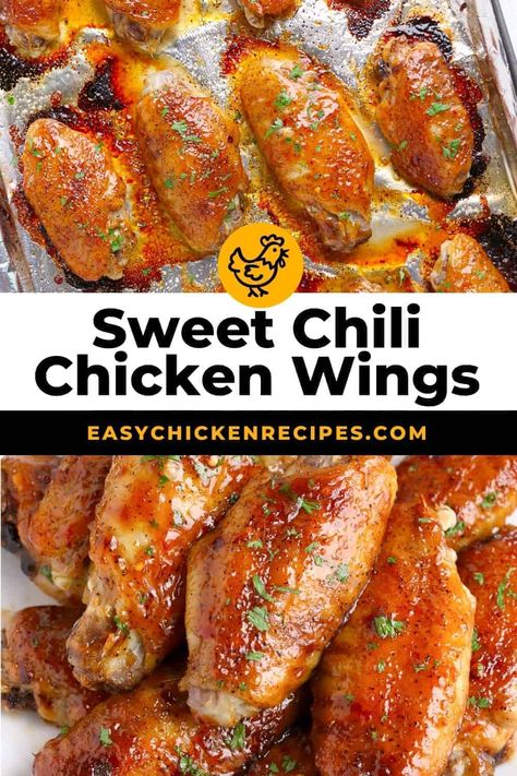 Sweet Chili Chicken Wings Baked, Sweet Thai Chili Chicken Wings, Sweet Chili Wing Sauce, Thai Chili Chicken Wings, Sweet Chili Wings Recipe, Chili Wings Recipe, Wings Recipe Oven, Chicken Wings Recipe Oven, Sweet Chicken Wings