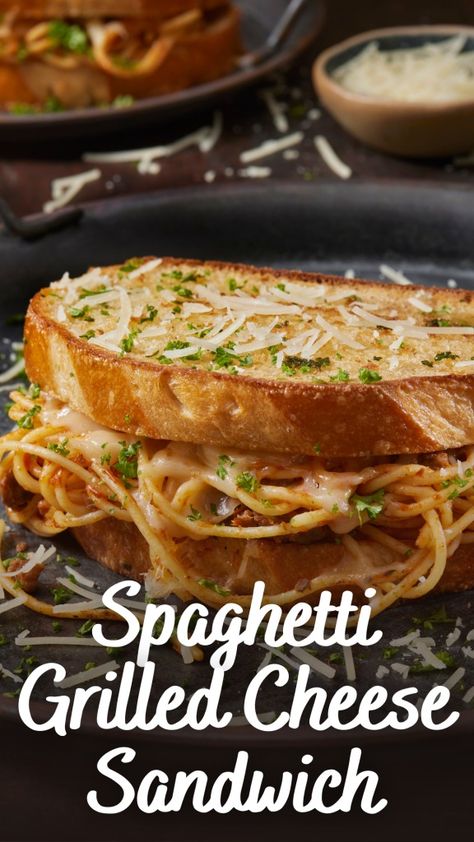 Spaghetti Grilled Cheese Sandwich - Appetizers & Entrees Spaghetti Grilled Cheese, Sandwich Appetizers, Handheld Lunch, Spaghetti Sandwich, Grilled Cheese Sandwich Recipe, Hot Dog Pizza, Garlic Parmesan Fries, Cheese Sandwich Recipe, Parmesan Fries