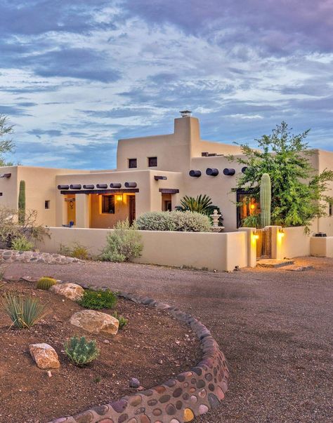 Southwestern Exterior House, Small Desert Home Exterior, Arizona Ranch Style Homes, Adobe Revival Home Exterior, Adobe Desert House, Arizona House Exterior Spanish Style, Two Story Adobe House, Adobe Exterior House, Dessert Home Exterior