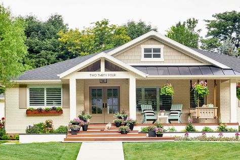 Ranch Exterior Makeover, House With Front Porch, Ranch Makeover, Front Porch Addition, Ranch House Remodel, Front Porch Swing, Ranch House Exterior, House Front Porch, Ranch Remodel