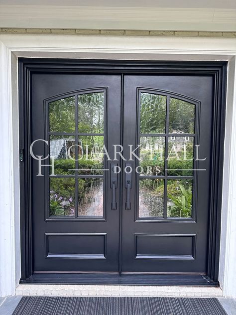 Black French Front Doors Entrance, Double Front Doors With Glass Panels, Black Double Front Door, Double Front Door Ideas, Adu House, Gilbert House, Raised Ranch Remodel, Double Front Entry Doors, Double Door Entryway