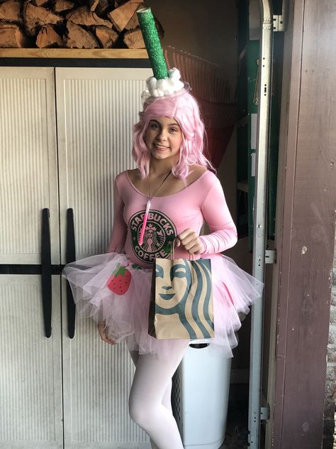 Pink drink Starbucks costume Halloween Costume With Pink Hair, Pink Drink Costume, Frappuccino Costume, Pink Halloween Costumes Ideas, Starbucks Pink Drink Costume, Pink Drink Halloween Costume, Pink Hair Halloween Costume Ideas, Easy Starbucks Costume, Pink Costume Ideas