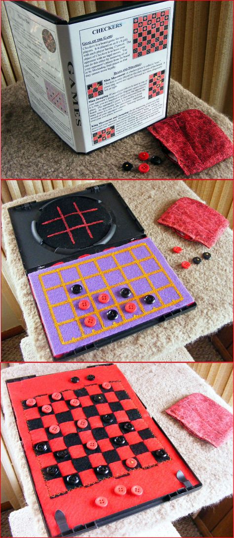 DVD Game Case--I wove black felt into red, sewed it & glued it to two pieces cut from back of memo pad; then glued one side into case. I cut out the very center of circle, glued in black felt & painted Tic-Tac-Toe. I painted Connect Four on a felt piece & glued it to the other side of the checker board.  Checkers are buttons sewed to felt (which may not have been necessary). I sewed checker pouch which sits in the Tic-Tac-Toe area when closed. I printed off instructions for cover. What To Do With Old Board Games, Vhs Case Repurpose, Dvd Case Crafts Upcycle, What To Do With Old Dvd Cases, Upcycle Dvd Cases, Dvd Case Crafts, Dvd Cases, Operation Shoebox, Christmas Shoebox