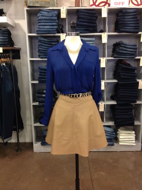 Camel colored leather skirt with a royal blue blouse and gold leaf necklace Royal Blue Business Casual, Royal Blue Clothes Color Combos, Blue And Gold Outfits Casual, Royal Blue Shirt Women Outfit, Royal Blue Blouse Outfit, Blue And Gold Outfits, Royal Blue Shirt Outfit, Royal Blue Top Outfit, Blue Blouse Outfit