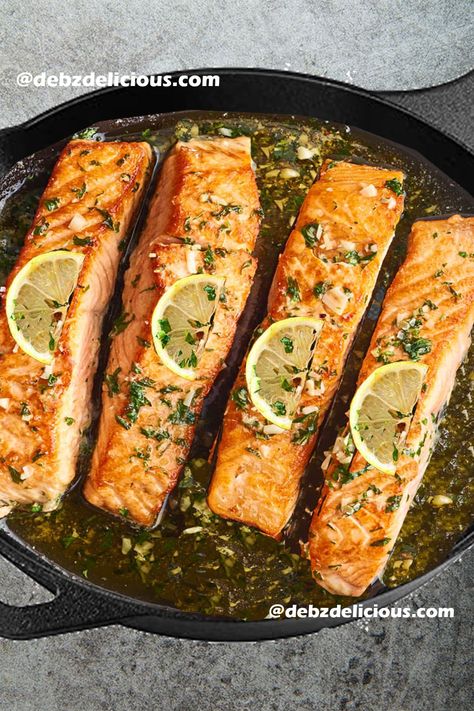 garlic butter salmon pan seared Baked Salmon With Lemon Butter Sauce, Salmon Pan Seared, How To Cook Garlic, Salmon Recipe Pan, Baked Salmon Lemon, Lemon Butter Salmon, Make Garlic Butter, Pan Salmon, Lemon Garlic Butter Sauce