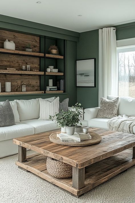 The Cutest 24+ Olive Green Apartment Inspirations Green Interior Accents, Green Modern Farmhouse Living Room, Green Brown House Decor, Olive Green And Neutral Living Room, Modern Simplistic Home Decor, Green Basement Ideas, Olive And Cream Living Room, Green Living Room Mood Board, Green Rustic Living Room