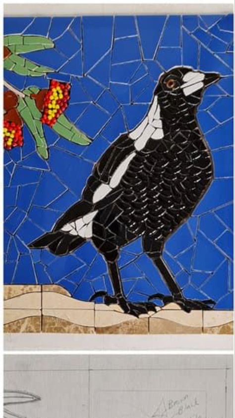 Mosaic Gum Leaves, Magpie Stained Glass Pattern, Bird Mosaic Ideas, Magpie Mosaic, Blue Wren Mosaic, Bird Mosaic, Mosaic Floors, Parrot Mosaic Art, Magpie Art