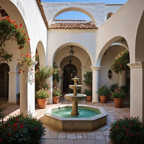 outdoor courtyard #hacienda #fountain #spanish #european Spanish Style Water Fountain, Vintage Fountain Garden, Mexican Hacienda Garden, Spaniard House, Hacienda Fountain, Multigenerational Compound, Houses With Courtyards In The Middle, Small Indoor Courtyard, Small Hacienda Style Homes