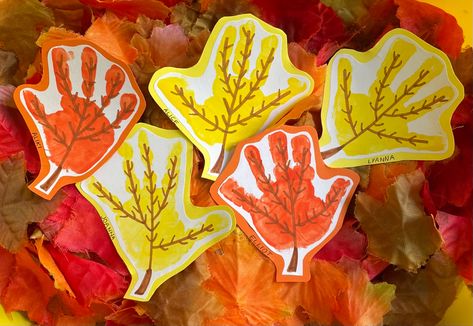 Fall leaf hand print craft for toddlers Hand Leaves Craft, Leaf Hand Print Craft, Hand Leaf Craft, Hand Print Leaves Fall Crafts, Autumn Leaf Art For Kids, Hand Print Leaves, Leaf Handprint Art, Diy Leaf Garland, Waldorf Learning