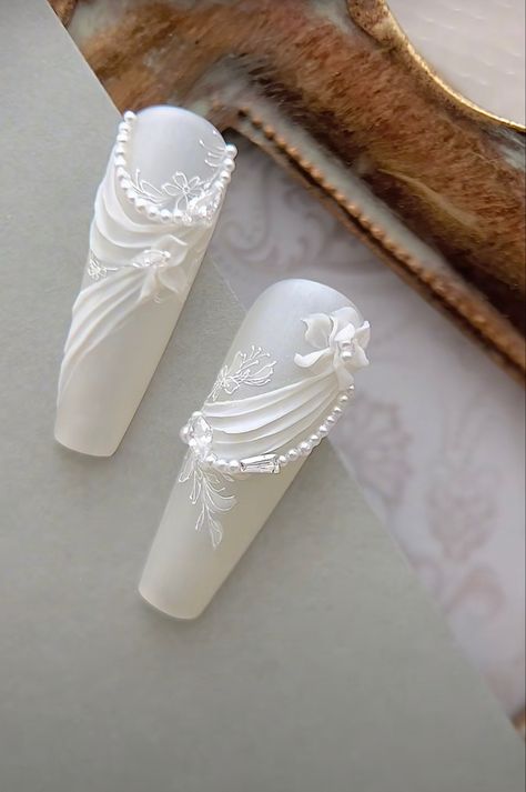 Bridal Nails Lace Design, Wedding Nails Extra, White Lace Nail Design, Square Wedding Nails, Lace Wedding Nails, Lace Nail Design, White Lace Nails, Lace Nail Art, 3d Nail Art Designs