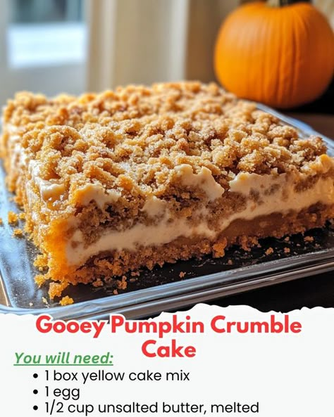 fall time lovers | Gooey Pumpkin Crumble Cake 🎃🍁 | Facebook Gooey Crumble Pumpkin Cake, Paula Deans Pumpkin Gooey Butter Cake, Pumpkin Crumble Cake Recipe, Pumpkin Cheesecake Crumble, Pumpkin Dump Cake Recipe Yellow Cake, Gooey Pumpkin Crumble Cake, Earth Quake Cake, Pumpkin Crumble Cake, Tomato Macaroni Soup Recipe