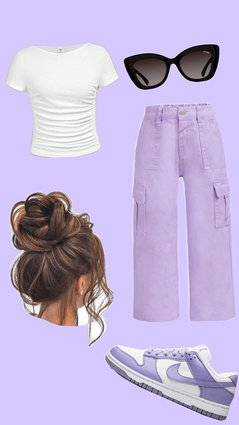 purple cargo pants 👖, white shirt 👕, purple Nike 👟, messy bun 💇🏻‍♀️, and sunglasses 🕶️ Purple Cargo Pants, Purple Nikes, Pants White, Cargo Pant, Messy Bun, White Shirt, Cargo Pants, Color Coding, Sunglasses