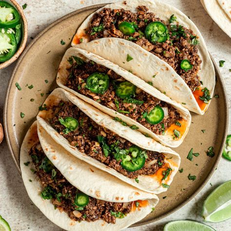 Mushroom Taco Meat (for Vegan Mushroom Tacos) Pulled Mushroom Taco, Crispy Mushroom Tacos, Vegan Mushroom Tacos Recipes, Broccoli Pasta Sauce, Vegan Oyster Mushroom Tacos, Vegan Taco Meat Mushroom, Vegan Tacos Recipes, Vegan Tacos Meat, Mushroom Tacos