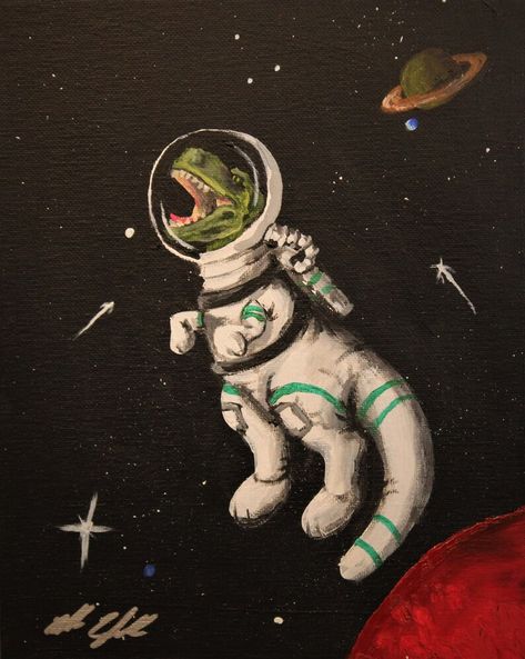 Funny Wall Painting Ideas, Whimsical Dinosaur Art, Dinosaur Painting Ideas, Dino Astronaut, Dinosaur In Space, Dinosaur Astronaut, Space Dinosaur, Dinosaur Painting, Astronaut Art