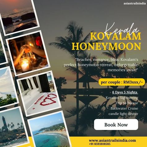 6 Days 5 Nights Kerala Kovalam Honeymoon Package https://www.asiantrailsindia.com/tour-package/6-days-5-nights-kerala-kovalam-honeymoon-package #KeralaHoneymoon #KovalamDiaries #KeralaTourism #HoneymoonGetaway #KeralaBliss #KovalamBeach #RomanticGetaway #KeralaVacay #HoneymoonInKerala #KovalamHoliday #BackwatersRomance #GodsOwnCountry #KeralaAdventure #BeachHoneymoon #KeralaParadise "Experience a serene journey to Kovalam and discover Kerala's enchanting beauty on our 6-day honeymoon package.... God's Own Country, Kovalam, Dream Honeymoon, Honeymoon Resorts, Beach Honeymoon, Kerala Tourism, Romantic Beach, Honeymoon Packages, Candle Light Dinner