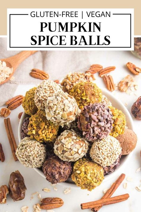 Pumpkin Spice Balls to the rescue when you’re craving a cozy fall snack, and you need a pick me up. These pumpkin energy bites are made with just 8 healthy ingredients and ready in under 10 minutes. Plus, they’re delicious, satisfying, won’t weigh you down and are perfect for meal prep. Pumpkin Spice Balls, Pumpkin Energy Bites, Pumpkin Energy Balls, Vegan Pumpkin Bread, Fall Favorites Recipes, Fall Snacks, Bliss Balls, Dairy Free Dessert, Healthy Ingredients