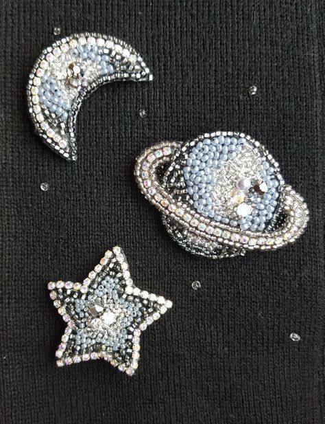 Beaded embroidery Planet Embroidery Pattern, Beaded Embroidery Butterfly, Moon Star Embroidery, Beads On Clothes Ideas, Bead Embroidery On Clothes, Moon Bead Embroidery, Sewing Beads On Clothes, Star Bead Embroidery, Embroidered Beads On Clothes