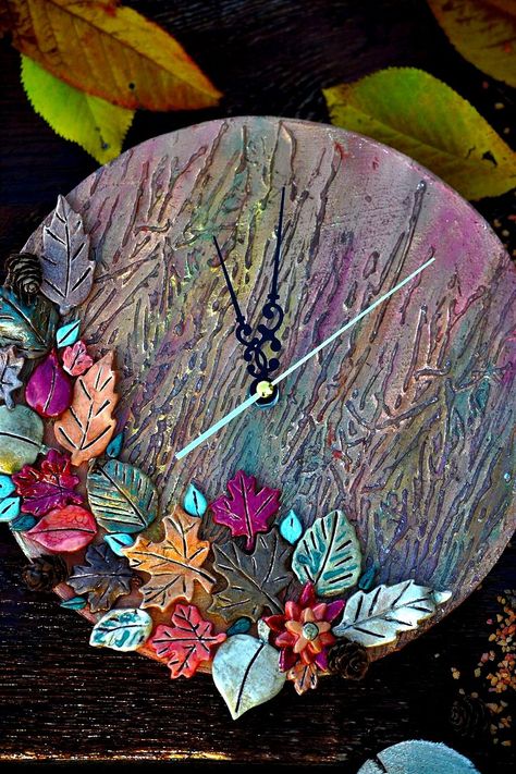 Ceramic Wall Hanging Art Tiles, Ceramic Wall Clock, Ceramic Leaves, Handmade Wall Clock, Floral Clock, Paper Art Sculpture, Handmade Wall Clocks, Clock Painting, Handmade Clocks