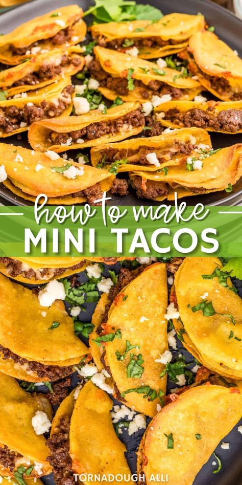 With minimal time and ingredients, these Mini Tacos are a fun and easy dinnertime recipe that the whole family goes crazy for! These Mini Tacos are an easy dinnertime or appetizer recipe that takes minimal ingredients and time. They are baked so they are super greasy from a deep fryer and have a simple taco mixture inside with cheese. They are baked so they are greasy from a deep fryer and have a simple taco mixture inside with cheese. Save this incredible recipe! Cinco De Mayo Taco Recipes, Taco Meat Appetizer Ground Beef, Jack In The Box Mini Tacos Recipe, Mini Beef And Cheese Tacos, Small Tacos Recipes, Mini Taco Pizza, Tortilla Chip Mini Tacos, Croissant Taco Ring, Mini Taco Recipes