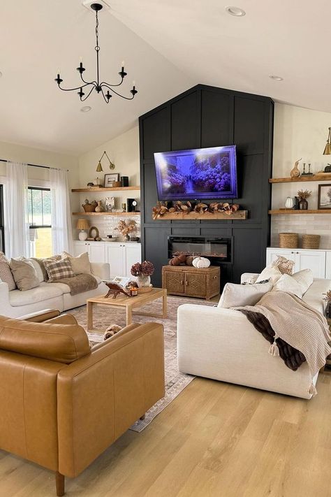 fireplace living room ideas Black And Neutral Living Room, Room Tv Wall Ideas, Living Room Tv Wall Ideas, Neutral Living Room Ideas, Front Room Design, Tv Wall Ideas, Fireplace Feature Wall, Living Room Built Ins, Modern Rustic Living Room