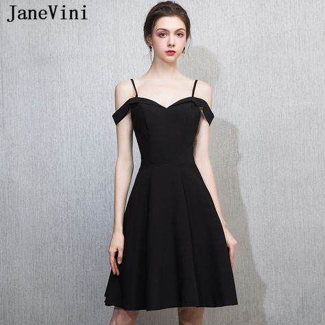 JaneVini Simple Black Satin Short Bridesmaid Dresses for Women A Line Spaghetti Straps Backless Knee Length Maid of Honor Gowns Gorgeous Prom Dresses, Prom Dresses 2017, Unique Prom Dresses, Satin Short, Short Bridesmaid Dresses, Cheap Prom Dresses, Birthday Dresses, Maid Of Honor, Black Satin