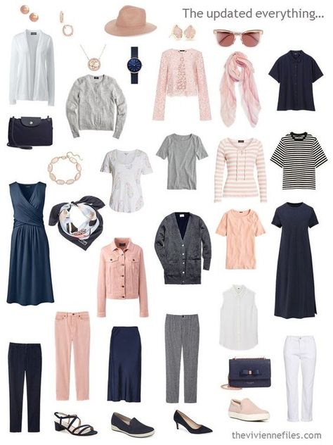 8. accessorized travel capsule wardrobe in navy, white, blush and grey Packing Accessories, Africa Trip, Vivienne Files, Packing Guide, Travel Clothing, Travel Capsule Wardrobe, Blush And Grey, Travel Capsule, Fashion Capsule Wardrobe