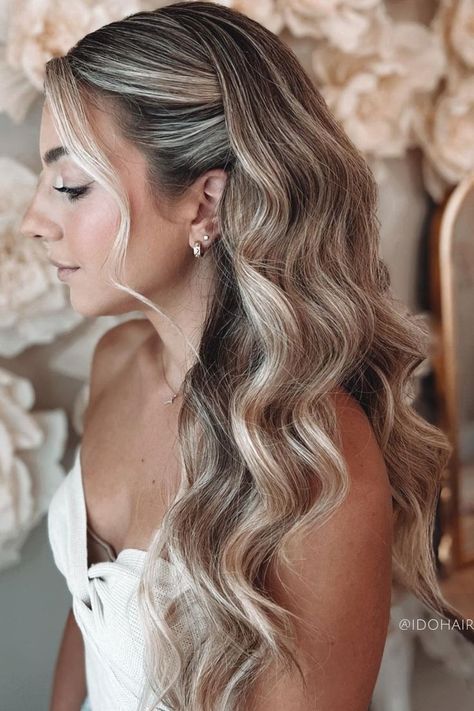 swept-back waves wedding hairstyle Biolage Hair Color, Practical Hairstyles, Bridesmaid Hair Inspo, Down Hairstyles For Long Hair, Bridal Hair Down, Formal Hairstyles For Long Hair, Simple Prom Hair, Bridal Hair Inspiration, Walk Down The Aisle